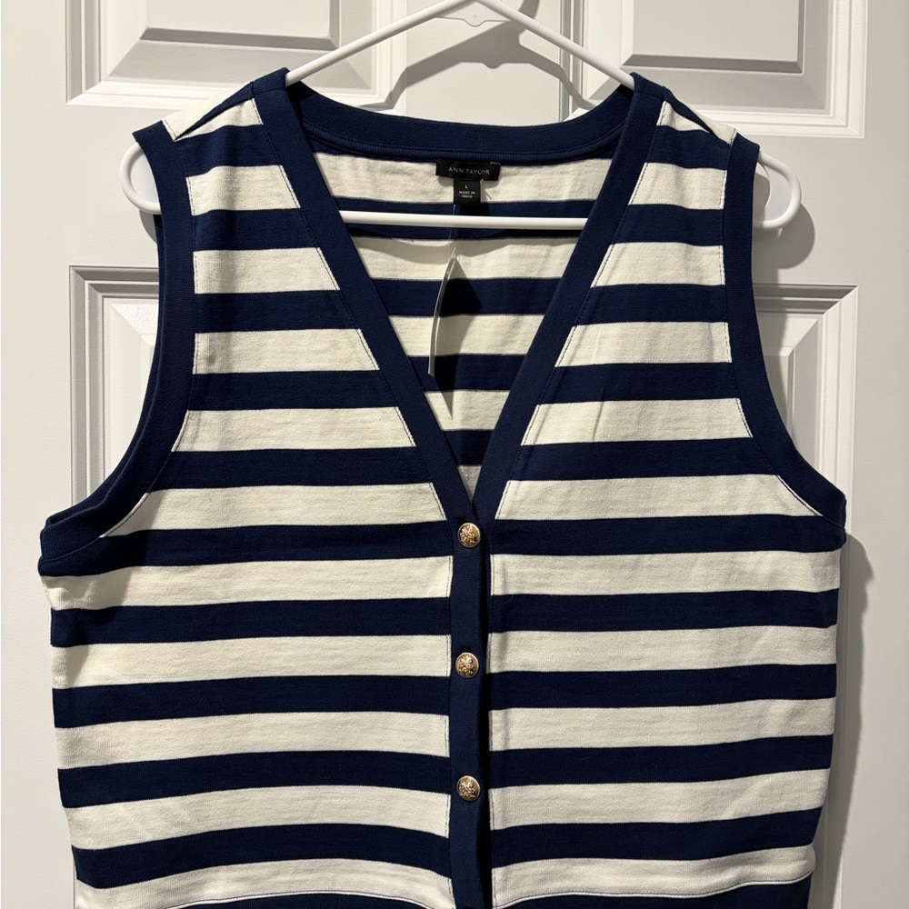 Ann Taylor Navy and White Striped Sleeveless Cardigan